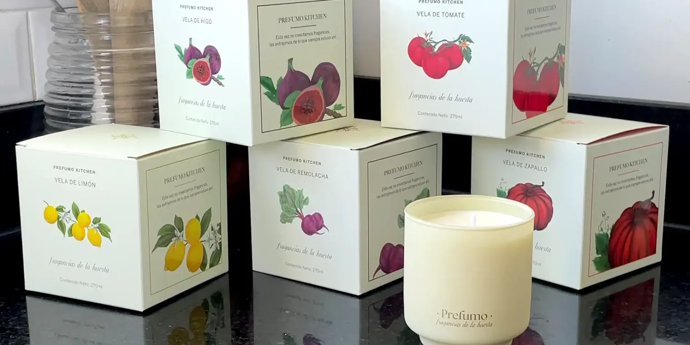 Ilustración botánica para packaging velas Prefumo tomates e higos