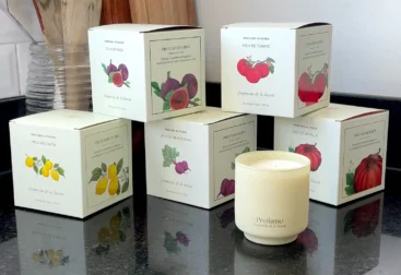 Ilustración botánica para packaging velas Prefumo tomates e higos