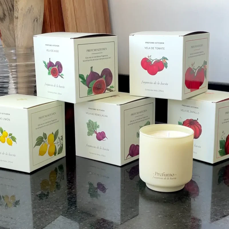 Ilustración botánica para packaging velas Prefumo tomates e higos