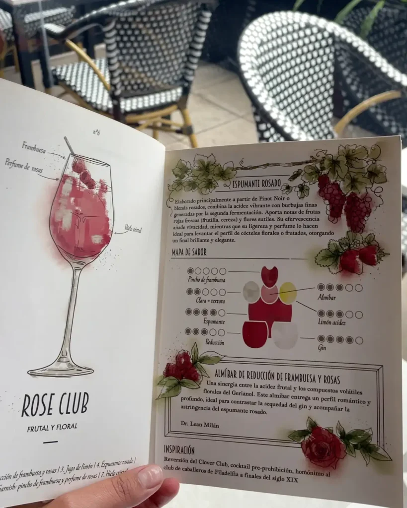 Diseño de carta de tragos y menú de maridaje para local gastronómico. Ilustración profesional de coctelería a base de vino realizada por Bel Dávalos.