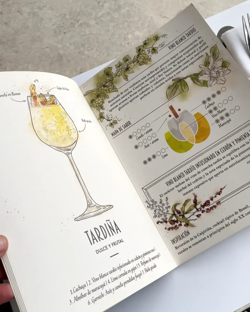 Diseño de carta de tragos y menú de maridaje para local gastronómico. Ilustración profesional de coctelería a base de vino realizada por Bel Dávalos.