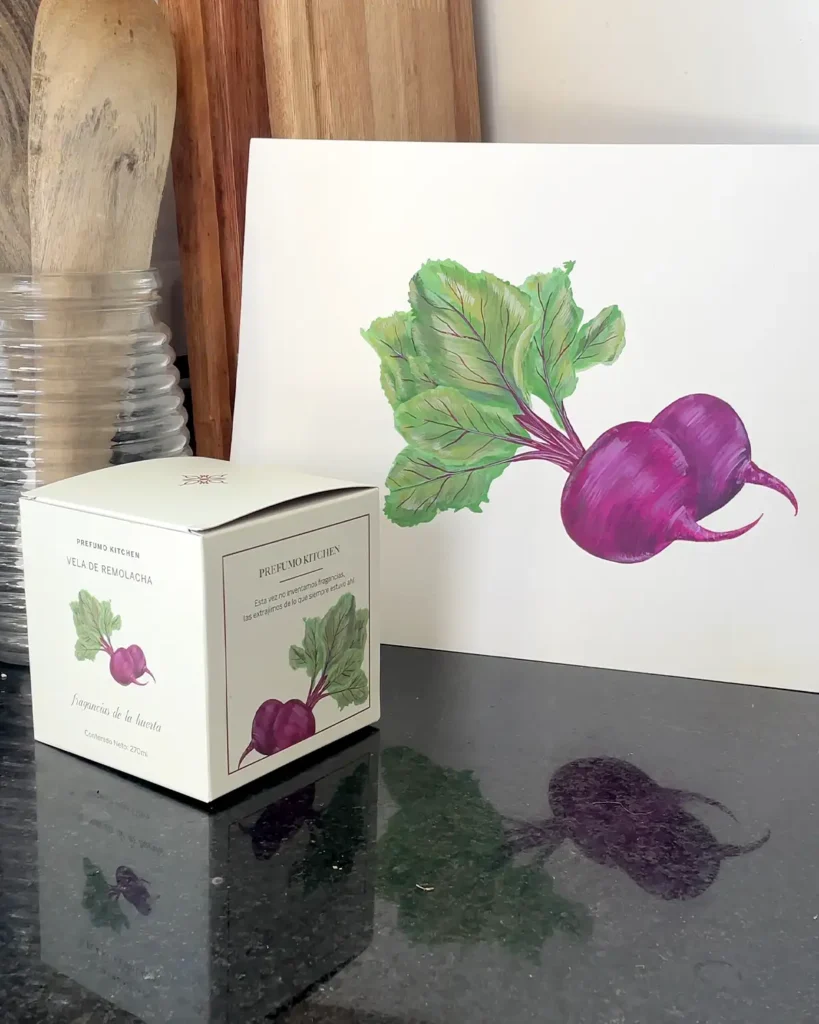 Ilustración botánica para packaging velas Prefumo tomates e higos